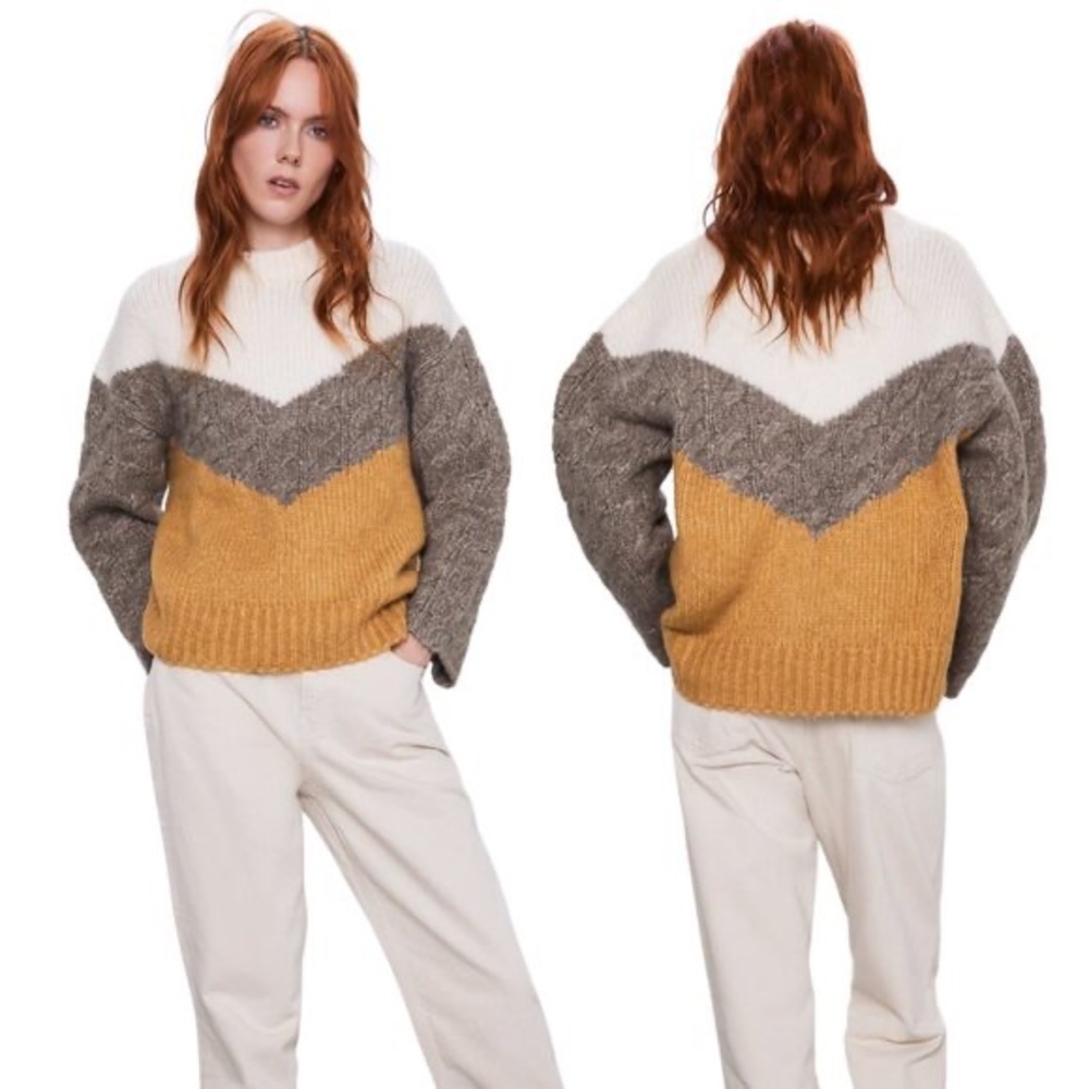 ZARA Colorblock Chevron Knit Academia Crewneck Pullover Sweater Size Medium